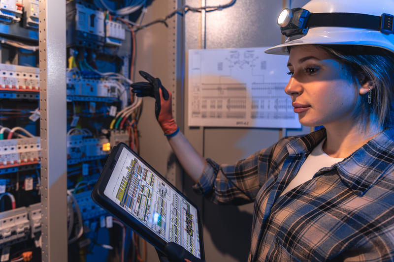 woman engineer diagnoses switchboard points modules panel diagnostics